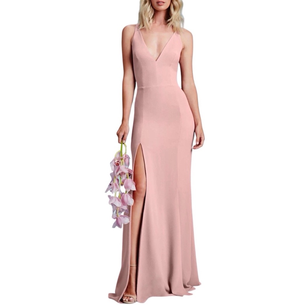 Dress The Population Pink Iris Spaghetti Strap Plunging Trumpet Gown Medium FLAW